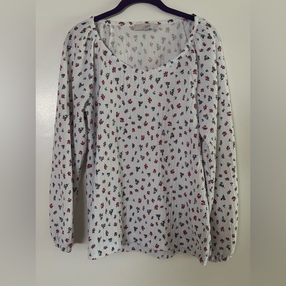 LOFT White Floral Peasant Style Blouse with Long Sleeves